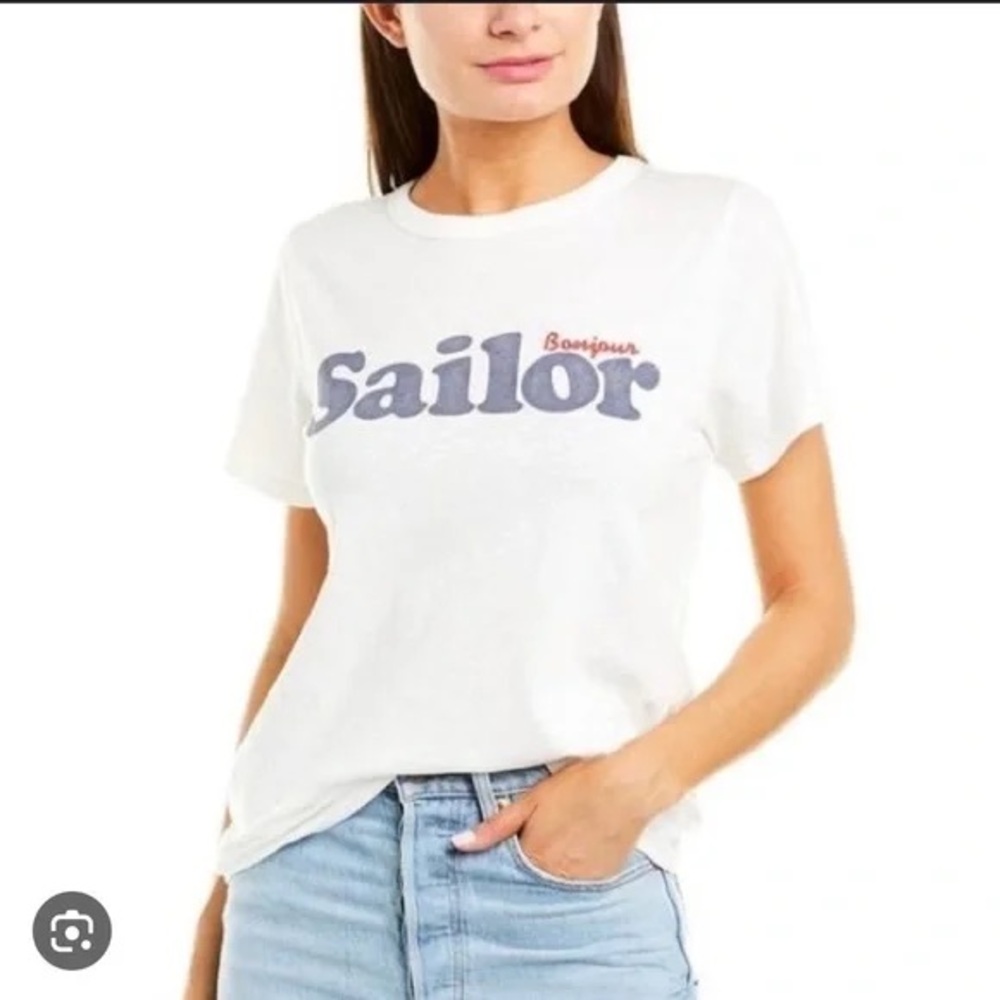 J. Crew Women’s embroidered White 'Bonjour Sailor' Graphic Short Sleeve Tee Sz M